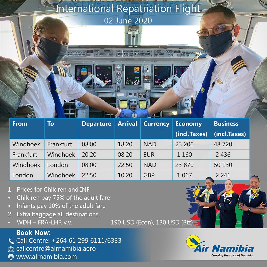 airnamibia1's tweet photo. International Repatriation Flights scheduled for 02 June 2020
#airnamibia #flyairnamibiaonly #repatriation https://t.co/lvZy22twtP