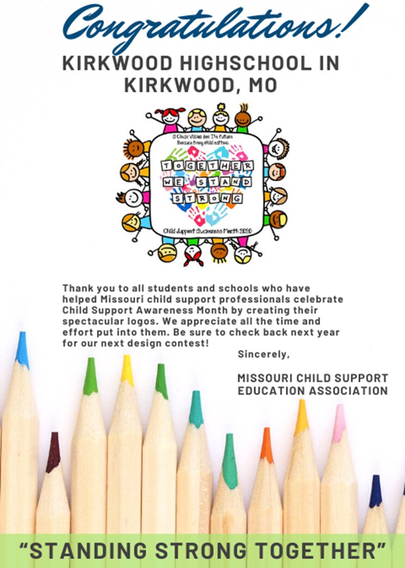 Congratulations <a href="/KirkwoodHS/">Kirkwood High School</a> <a href="/2023Kirkwood/">Kirkwood Class of 2023</a> Graphic Design student, Olivia Dothage, winner of the <a href="/MissouriDSS/">Missouri DSS</a> logo contest for Child Support Awareness Month! #authenticlearning #childsupportawarenessmonth