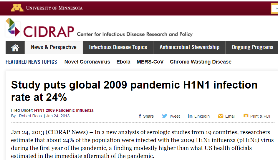 And for H1N1 (2009), the infection rate was 24%.75% didn't get the virus **no matter how badly they tried** (there were no masks, no lockdowns - and lots of normal behaviour and regular partying). https://www.cidrap.umn.edu/news-perspective/2013/01/study-puts-global-2009-pandemic-h1n1-infection-rate-24