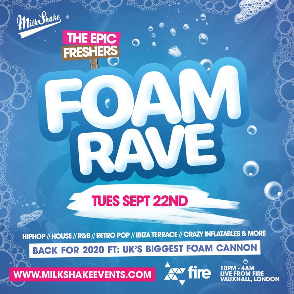 Tickets for London's ONLY FOAM RAVE are NOW LIVE💧

That's right, The Annual EPIC Freshers Foam Rave is on sale now from just £3 Taking place this Freshers on September 22nd! 💨🌴

Get yours here!: bit.ly/FoamRave2020