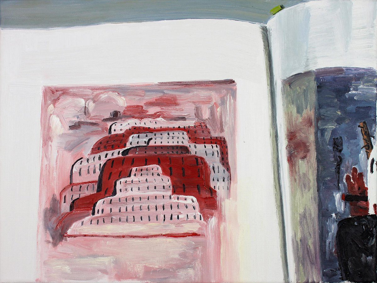 JMPaintingPrize's tweet photo. 'Me Reading ‘Philip Guston Retrospective' in the Studio' is one of a series of paintings I have made of reproductions of other artists' paintings within books. I deliberately chose artists who are my heroes'. By Lara Davies from #JM2018, oil on canvas, 30x40 📖 📚 https://t.co/jelur6PN9E