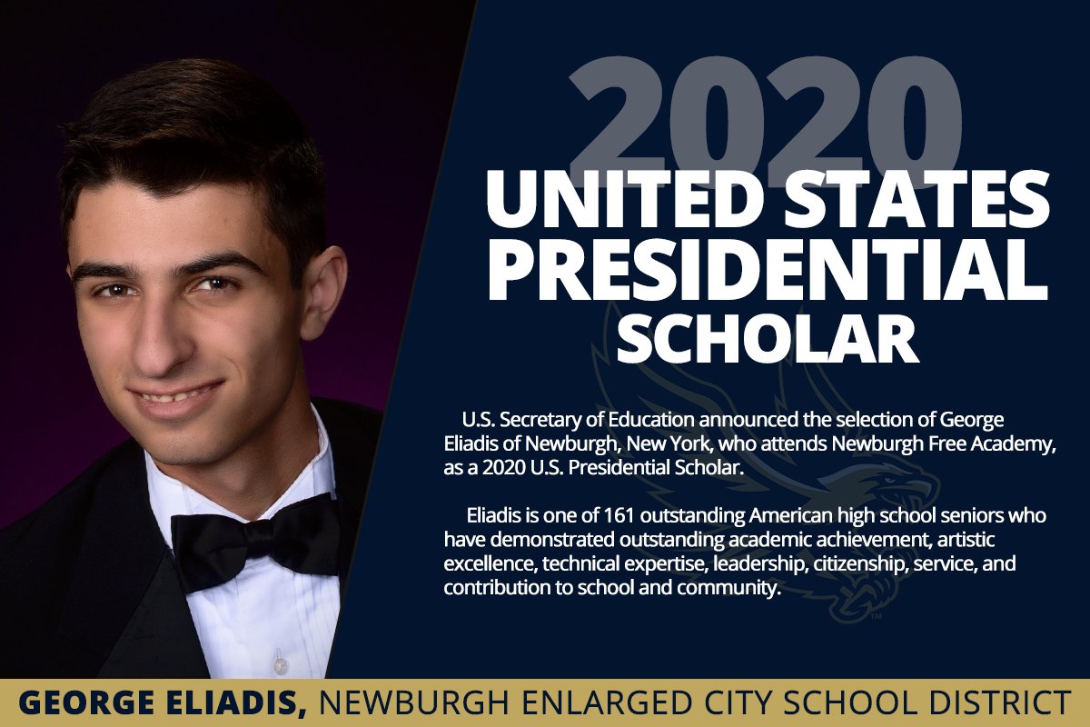 George Eliadis, 12th grade scholar at NFA Main Campus has been named a 2020 U.S. Presidential Scholar. Earlier his year, George earned the highest possible composite score of 36 on the ACT exam and earned a National Merit Scholarship.

Full story: newburghschools.org/news.php?story…