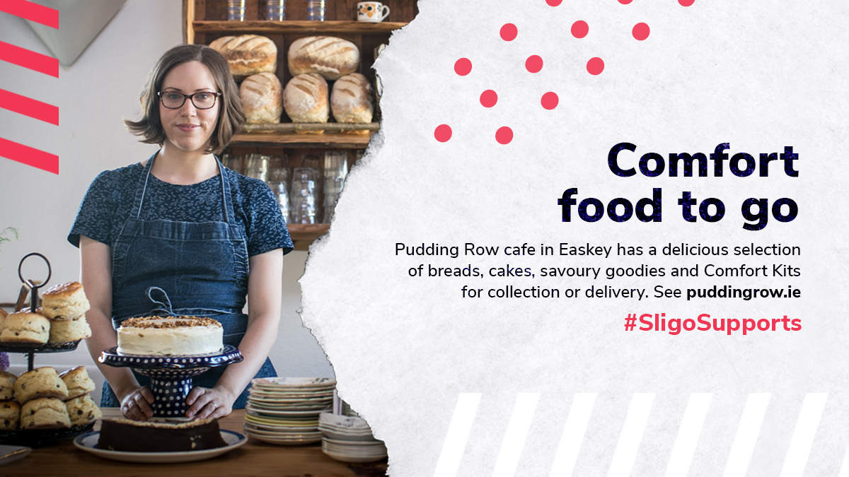 Dervla from <a href="/PuddingRowSligo/">Pudding Row the Grocer</a> is baking a range of delicious cakes, breads and other goodies ready for collection or delivery. See what's on the menu at puddingrow.ie. #SligoSupports #shoplocal #freshlybaked