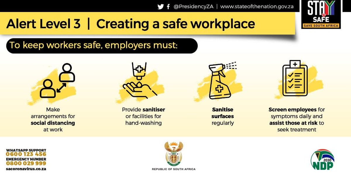On Monday, 1 June; most of the economy will open up and the workforce will be returning. Here's how you can ensure your workplace is ready. #COVID__19 #coronavirus #Level3restrictions #Level3Lockdown #hygiene #safeworkspace #SafetyFirst #coronaprecautions #workplacesafety