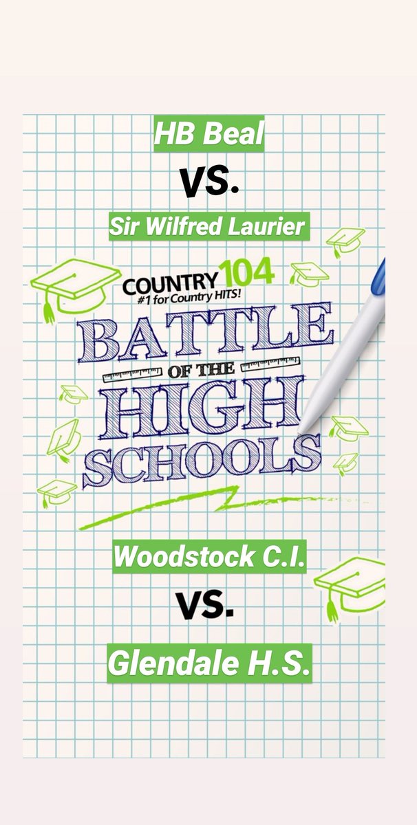 ➡️ <a href="/leeanneradio/">Leeanne Whitehouse</a> &amp; <a href="/kylegrimard/">Kyle Grimard</a> : We've got a brand new slate of matchups ready to go!

<a href="/HBBeal/">H. B. Beal Secondary</a> vs. <a href="/LaurierSS/">Laurier SS</a>
<a href="/WCIRedDevil/">WCI Red Devil</a> vs. <a href="/GlendaleHS/">Glendale High School</a>
<a href="/DssPanthers/">n</a> vs. <a href="/HSSCanes/">HagersvilleSS</a>
<a href="/ECI_Events/">Eastwood C.I.</a> vs. <a href="/CHCIsports/">Gaels Athletics</a>

Voting is now open!! ⏬⏬
#BattleOfTheHighSchools

country104.com/country-104-li…