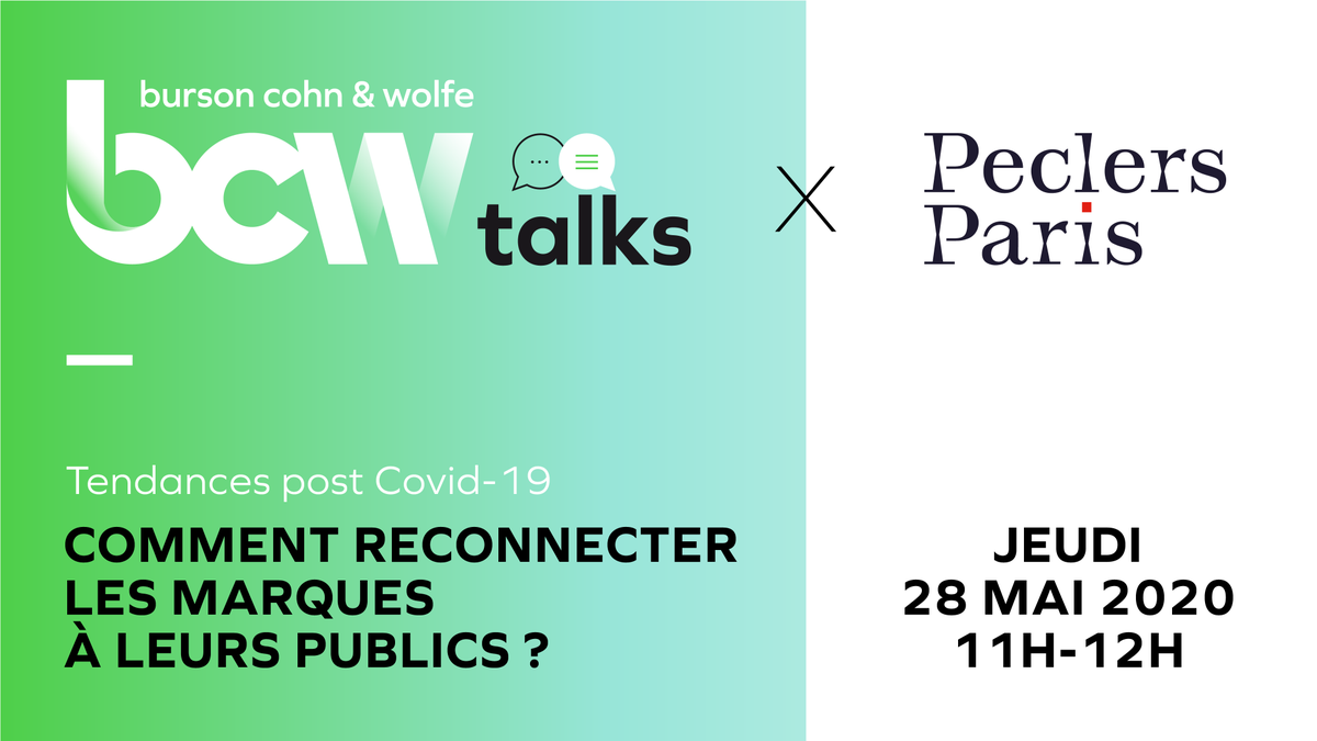 BursonFrance's tweet photo. À VOS AGENDAS 🗓
RDV ce jeudi 28 Mai à 11h pour suivre notre webinar #BCWTalks w/ @PeclersAgency
Au programme : tendances, nouveaux usages et perspectives pour les marques dans une ère #postCOVID19
➡️ Inscription : https://t.co/8RkLaIHHEp https://t.co/nrPY8lq6Ke