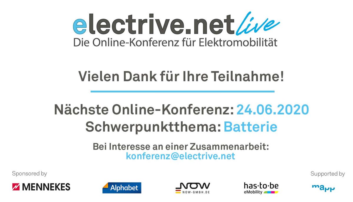 ElectriveNet's tweet photo. Das wars. Die 2. Online-Konferenz #electriveLIVE ist beendet. Wir danken ganz herzlich allen TeilnehmerInnen, unserem Team und natürlich unseren Sponsoren @MENNEKES_tweets, @alphabetint, 
@news_nowgmbh und @has_to_be. https://t.co/TgrKLZc1Hx