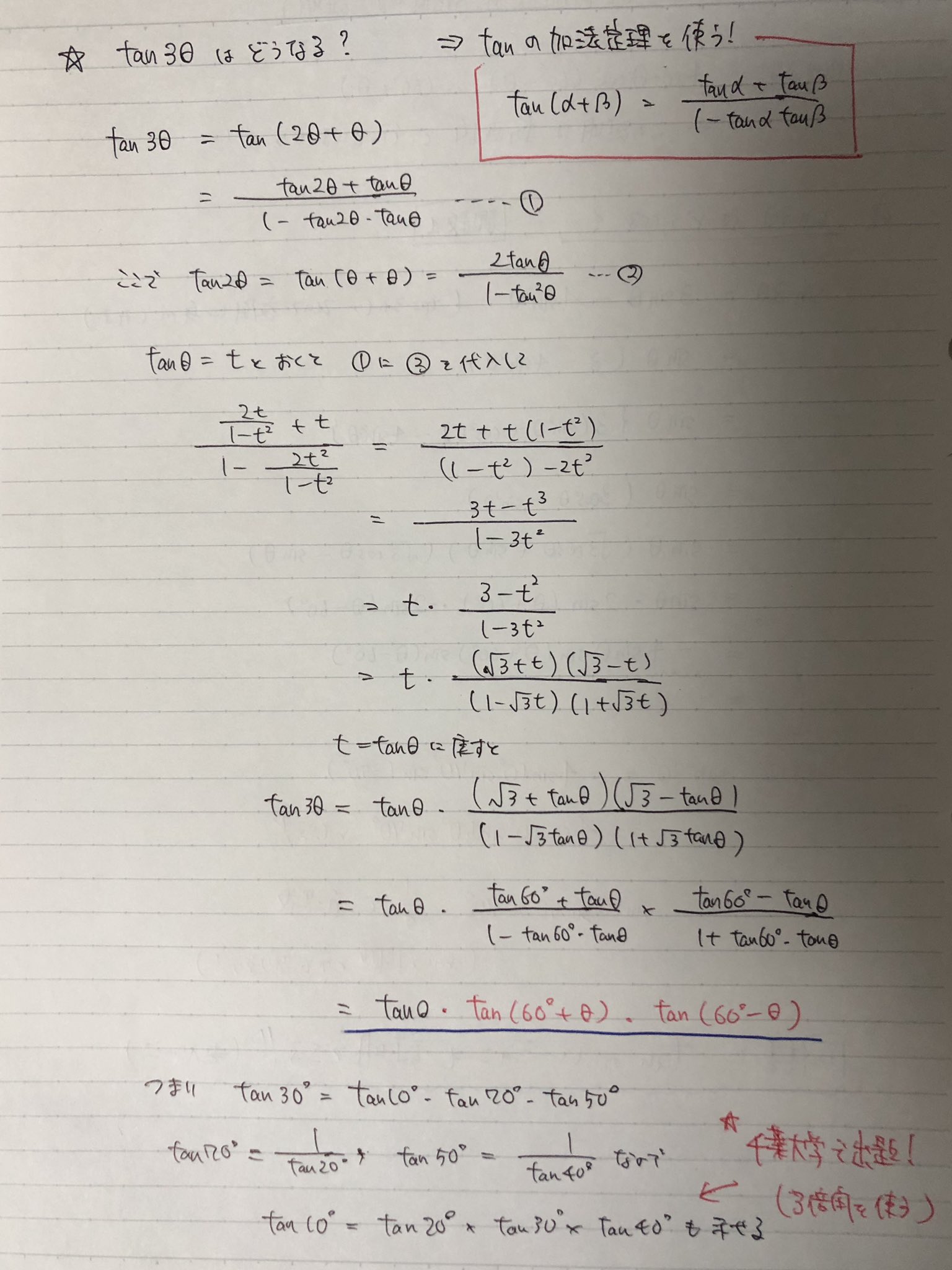 宇佐見天彗 すばる Passlabo 三角関数の裏技証明 ノートに過程を書きました Sin10 Sin50 Sin70 Sin30 や 過去に千葉大学で出題された Tan10 Tan Tan30 Tan40 も 3倍角の重要性に気づけるはず Passlabo で呟いてくれた方で Sinに関しては正解