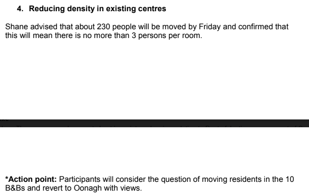 April 1: Dept wants to ensure there are no more than three people to a room in direct provision. Possibility of moving residents from 10 B&Bs around the country to different facilities is also considered: