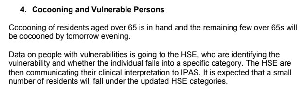 April 2: Cocooning of direct provision residents who are over 65 "is in hand". They are also in communication with the HSE about "people with vulnerabilities" to Covid-19: