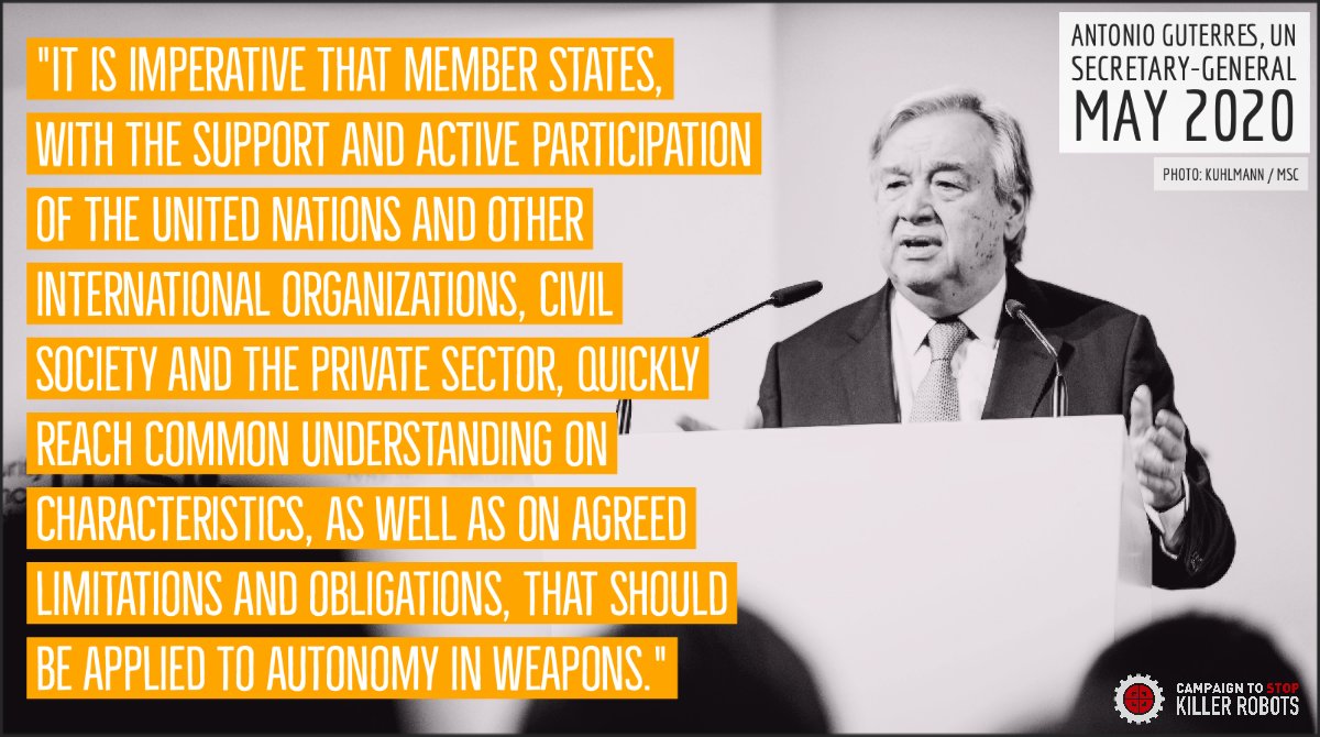 Today the  @UN Security Council will debate a new report by Sec-Gen  @antonioguterres that urges states to protect civilians from serious threats raised by lethal autonomous weapons systems  https://www.stopkillerrobots.org/2020/05/protect-civilians-stop-killer-robots/  #Lead2Protect  #NotATarget  #TeamHuman  #KeepCtrl