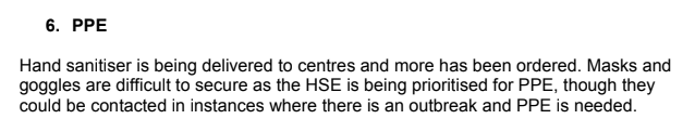 April 2: Difficulties in securing personal protective equipment (PPE) are raised as it is being prioritised for the HSE. Suggests they could be contacted if there is an outbreak and it needs to be contained: