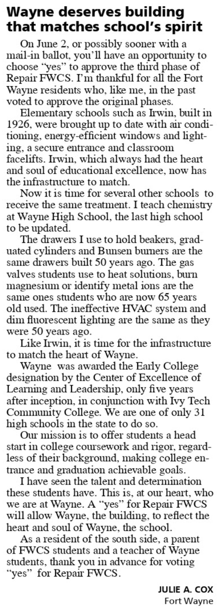 THANK YOU to Fort Wayne resident, FWCS parent and Wayne High School teacher Julie Cox for sharing your reasons for supporting the REPAIR FWCS program and referendum! #repair2020voteyes #thankyoufortwayne #strongschoolsstrongcommunity