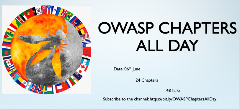 OWASP® Foundation (@owasp) on Twitter photo The #OWASP Chapters are hosting Virtual Chapters All Day on 06th of June, 2020.
Subscribe to the channel where all the talks will be live streamed by the chapters bit.ly/OWASPChaptersA…
24 Hours, 24 Chapters and 48 Talks
Stay Tuned for more updates. <a href="/owasp/">OWASP® Foundation</a> #ChaptersAllDay The #OWASP Chapters are hosting Virtual Chapters All Day on 06th of June, 2020.
Subscribe to the channel where all the talks will be live streamed by the chapters bit.ly/OWASPChaptersA…
24 Hours, 24 Chapters and 48 Talks
Stay Tuned for more updates. <a href="/owasp/">OWASP® Foundation</a> #ChaptersAllDay