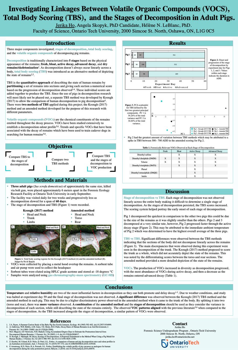 jerika_ho's tweet image. I am excited to share my break down of decomposition with my #CSFSPoster on Investigating the Linkages Between Volatile Organic Compounds, Total Body Scoring, and the Stages of Decomposition in Adult Pigs. #CSFSPoster2020 #LeBlancEntomologyLab #decomposition