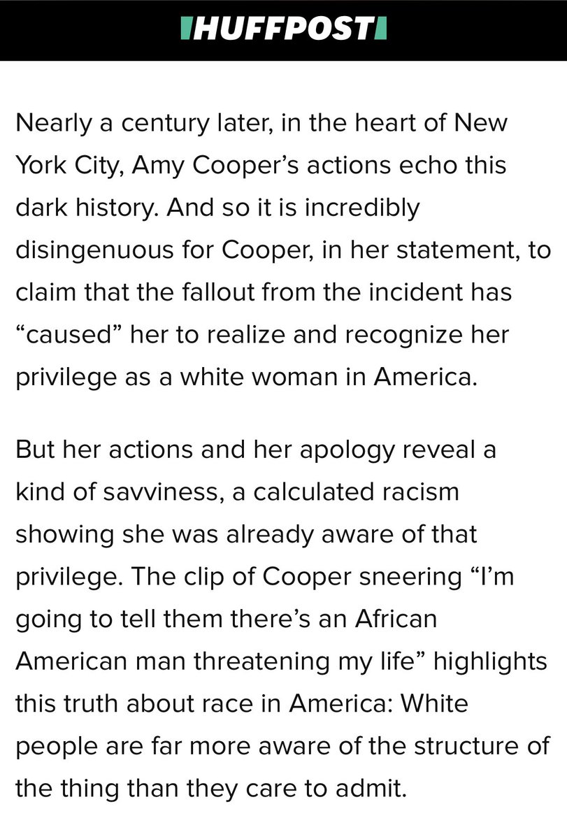 “The clip of Cooper sneering ‘I’m going to tell them there’s an African American man threatening my life’ highlights this truth about race in America: White people are far more aware of the structure of the thing than they care to admit.”