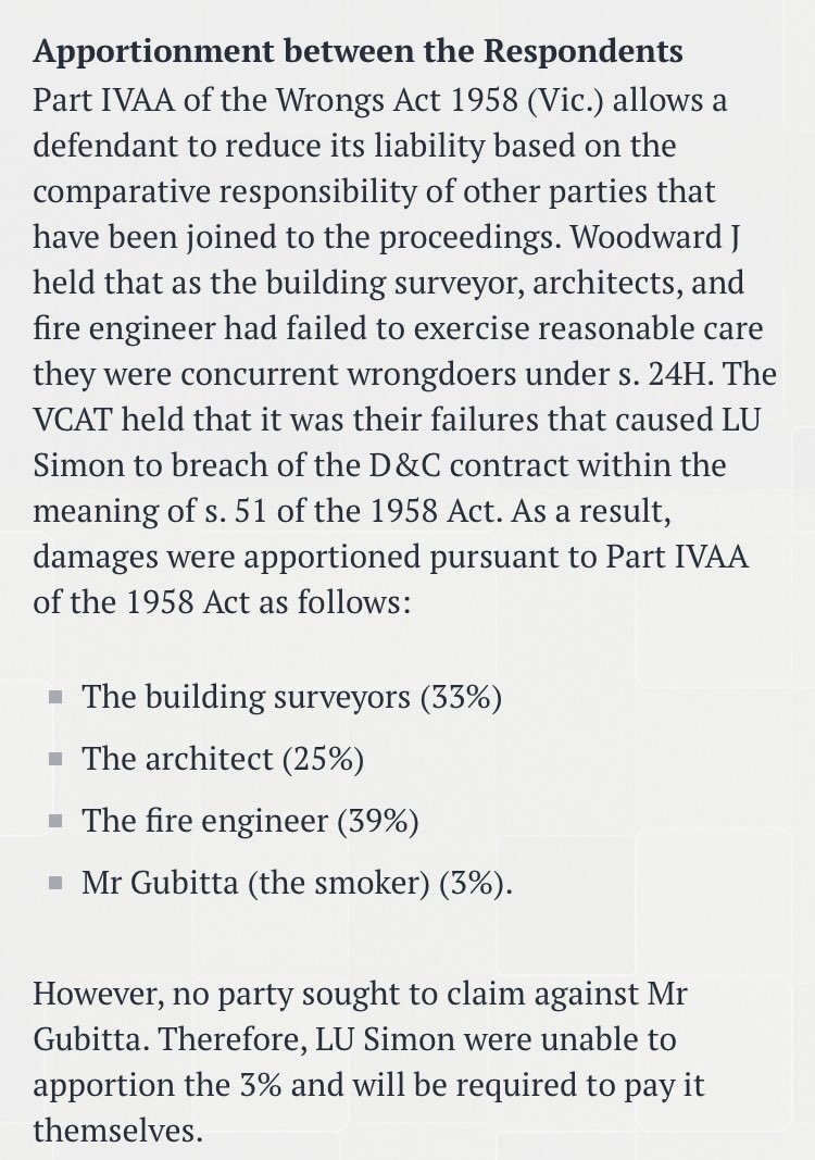 No the  #australian  #lacrossefire firmly laid the apprortionment berween the respondents -the person causing the fire who no one pursuedHowever more importantly the project parties, not the building owner, not the apartment owner and not the builder but the project design team!