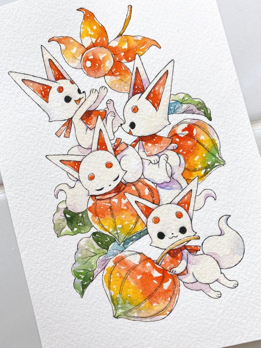 水彩イラスト「ほおずきこぎつね」 #キツネのジョヌと小さな雑貨店 