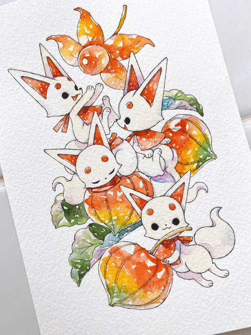 水彩イラスト「ほおずきこぎつね」 #キツネのジョヌと小さな雑貨店 