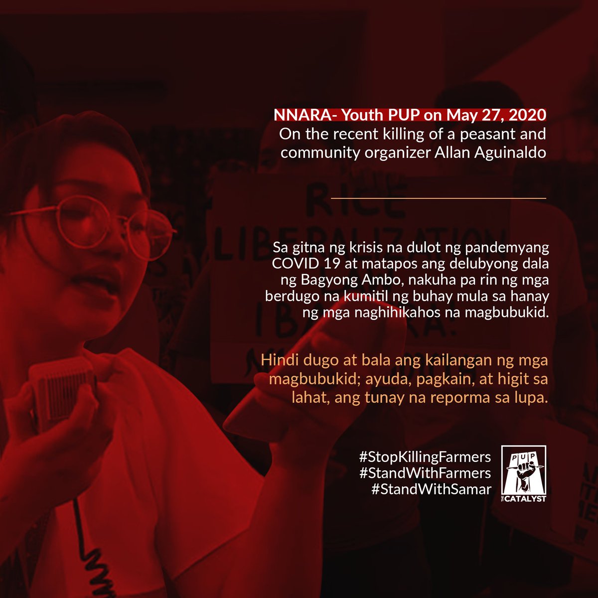 PUPTheCatalyst's tweet photo. Ang NNARA Youth PUP ay kinukundena ang pamamaslang sa isang pesanteng organisador sa Samar kahapon na si Allan "Mano Boy" Aguinaldo.
#StopKillingFarmers
#StandWithFarmers
#StandWithSamar https://t.co/fE9WQwr9O4