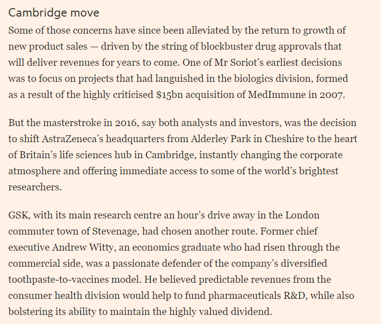 Last of all, something in our report and close to my hear made even more relevant by an FT piece out today. It's an excellent long read on how UK/Swedish pharma giant AstraZeneca has thrived, in part because it moved from Cheshire to Cambridge.  https://www.ft.com/content/20bd997e-d26a-4cf6-8f2e-3cf35784669e