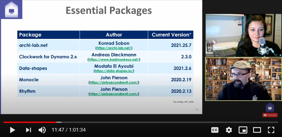 If you were stranded on a desert island and could only have access to 5 packages. These are the ones that <a href="/theBIMsider/">Carl Storms</a> would take. What about you? 
<a href="/DynamoBIM/">Dynamo</a> 
I would probably want packages with food, convex hulls, fire (bang!) and GPS.  
Here's the link: youtu.be/KlKKnNZAKuE?t=…