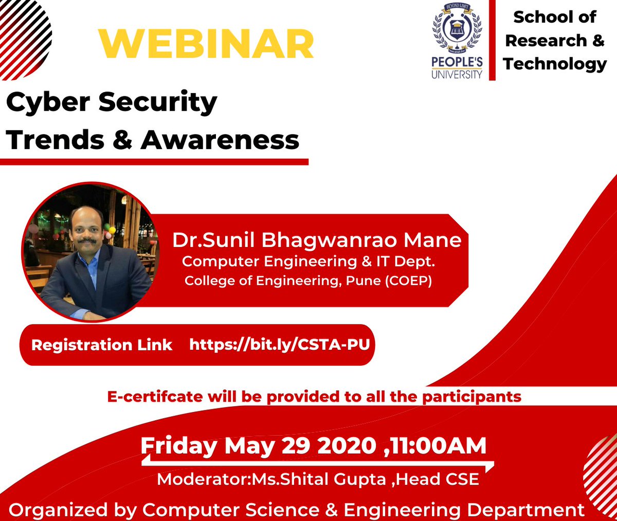 SortPu's tweet photo. School of Research and Technology, People's University, Bhopal is organizing Webinar on "Cyber Security Trends and Awareness ”
 Registration: https://t.co/00BfyPRVYg https://t.co/6bGn1jBikw