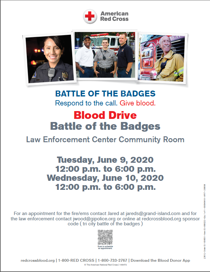 GIPoliceDept's tweet photo. It's #battleofthebadges time again! Come down to LEC June 9th or 10th and donate blood to @neiaredcross and vote for your favorite us or @GIFireDept (mostly us though). See pic for instructions. https://t.co/a0Fd1ZLBgs