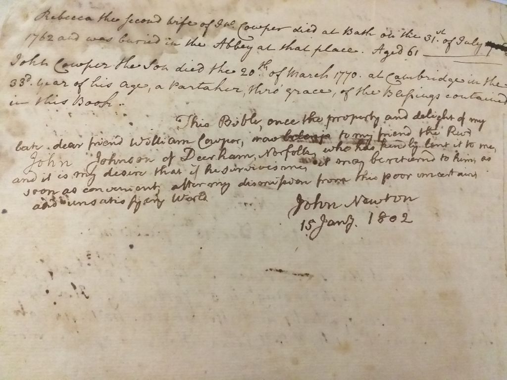 CowpNewtMuseum's tweet photo. This is a copy of the Cowper family Bible, which was in use from 1723 to 1726. Inside there is a note by John Newton talking about how much Cowper loved this Bible. This post was suggested by a follower - do you have anything you would like to see from our collection? https://t.co/Rx59NrNcfD
