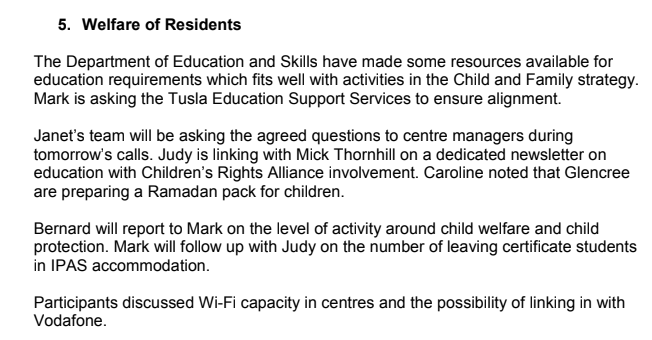 April 22: Issues around child welfare and child protection are discussed including the number of Leaving Cert students in direct provision. Improvement of Wi-Fi capacity at centres is also on the agenda: