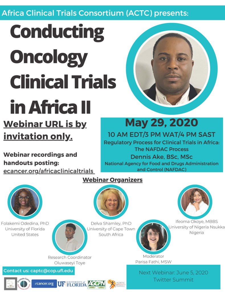 Prof FTO 🇳🇬🇺🇸 (@drodedina) on Twitter photo Excited to announce next speaker for ACTC #ClinicalTrialsAfrica - <a href="/NafdacAgency/">NAFDAC NIGERIA</a> Dennis Ake, May 29. Join by invitation. To access the video, go to ecancer.org/africaclinical…. Thanks to our partners <a href="/ecancer/">ecancer</a> , <a href="/AORTIC_AFRICA/">AORTIC</a> , <a href="/CaPTC7/">CaPTC</a> , <a href="/UFPharmacy/">UF Pharmacy</a> and <a href="/agcpng/">AGCPN</a> .
#AfricaIsRising Excited to announce next speaker for ACTC #ClinicalTrialsAfrica - <a href="/NafdacAgency/">NAFDAC NIGERIA</a> Dennis Ake, May 29. Join by invitation. To access the video, go to ecancer.org/africaclinical…. Thanks to our partners <a href="/ecancer/">ecancer</a> , <a href="/AORTIC_AFRICA/">AORTIC</a> , <a href="/CaPTC7/">CaPTC</a> , <a href="/UFPharmacy/">UF Pharmacy</a> and <a href="/agcpng/">AGCPN</a> .
#AfricaIsRising