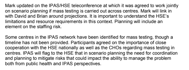 April 23: Mass testing is back on the agenda. Dept of Justice is concerned that this could "impact [their] ability to manage the problem both from public health and IPAS [international protection] perspectives":