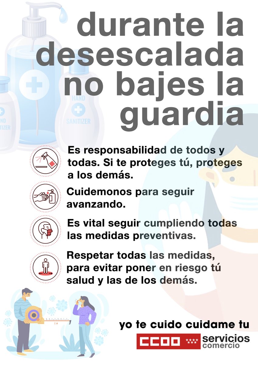 CCOOServMad's tweet photo. 🚨 Durante la desescalada no bajes la guardia

👉"el control de aforo y la asistencia de una sola persona para realizar la compra, salvo casos de justificada necesidad" 

🔗https://t.co/H4ck2bftya https://t.co/tAuiybUVol