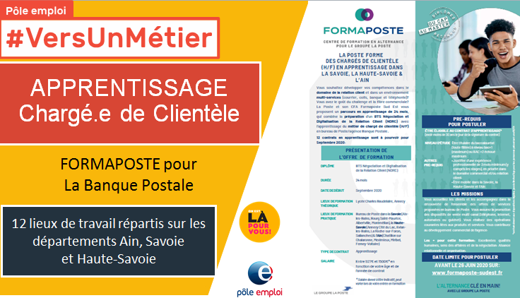 RenaudCharlesFT's tweet photo. [#VersUnMétier] #Recrutement en cours par @Formaposte pour les futurs chargé.e.s de clientèle du @GroupeLaPoste sur l'#Ain &amp; les #Savoie
🎓BTS NDRC en #apprentissage
🧭 théorie Lycée Baudelaire #Annecy
🧭 pratique 12 lieux
👉https://t.co/lf9VmKaNcQ
#AvecPôleEmploi #emploi #banque https://t.co/ntzo0Xlutl