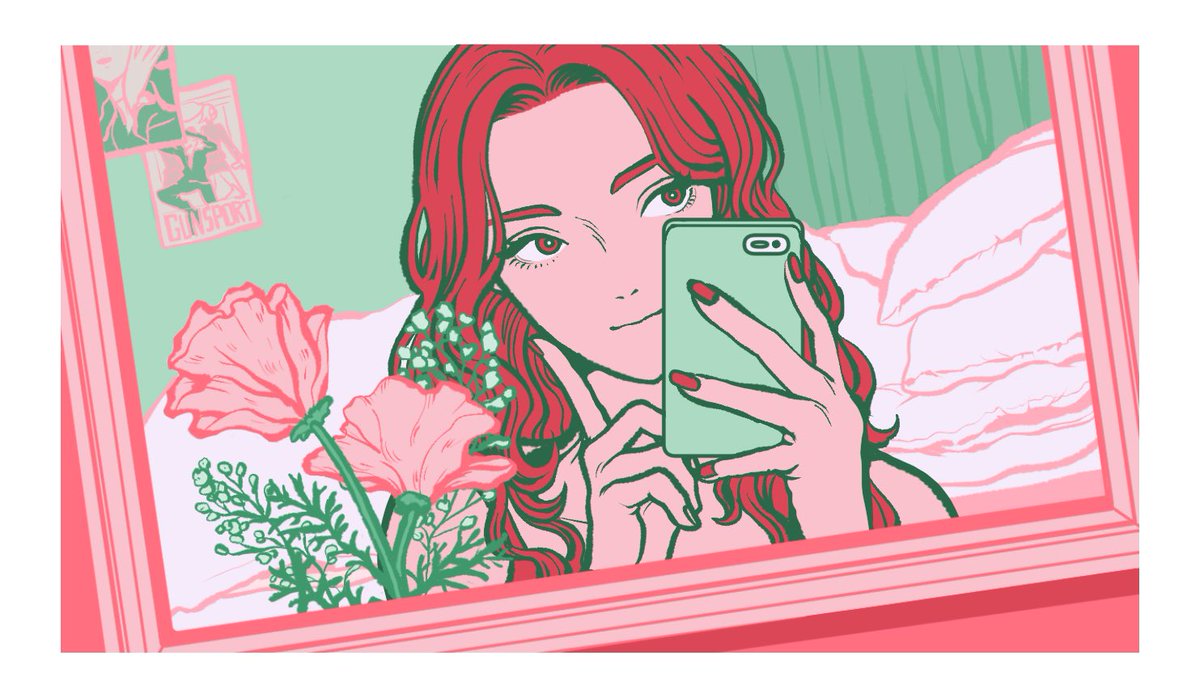 1girl solo flower holding phone long hair smile  illustration images