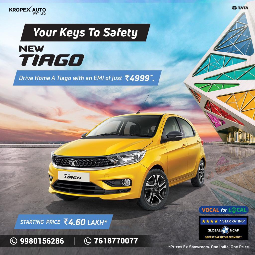 Kropexauto's tweet photo. With best-in-class technology & advanced safety features, the #SeriouslyFun New Tiago holds Your Keys To Safety.
#KropexAuto #CarAndBike360 #TataMotors #Bangalore #BeVocalForLocal https://t.co/bcALd10EX1