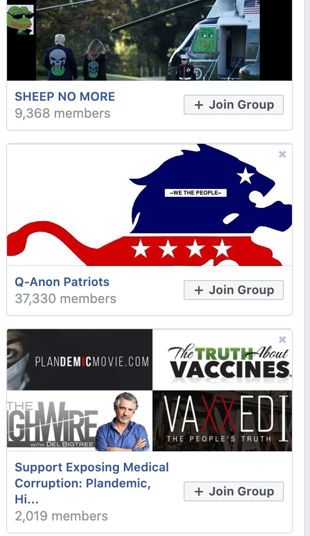 2. Here are the suggestions for that group:-a white supremacist/conspiracy theory group called "Sheep No More" (hello pepe the frog), ~9k members-a Qanon group, ~37k members-an anti-vaxx/pro-Plandemic group, ~2k members