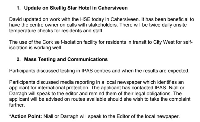 April 28: There will be twice daily temperature checks for residents and staff at the Cahersiveen hotel. A local newspaper will be spoken to about identification of an applicant for international protection and reminded of their "legal obligations"