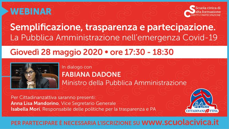Cittadinanzattiva APS (@cittadinanzatti) on Twitter photo Domani alle 17:30 il webinar sulla #PA con il Ministro <a href="/DadoneFabiana/">Fabiana Dadone</a> su #semplificazione, #trasparenza e #partecipazione. Per partecipare è necessaria l'iscrizione su scuolacivica.it cittadinanzattiva.it/comunicati/att… Domani alle 17:30 il webinar sulla #PA con il Ministro <a href="/DadoneFabiana/">Fabiana Dadone</a> su #semplificazione, #trasparenza e #partecipazione. Per partecipare è necessaria l'iscrizione su scuolacivica.it cittadinanzattiva.it/comunicati/att…