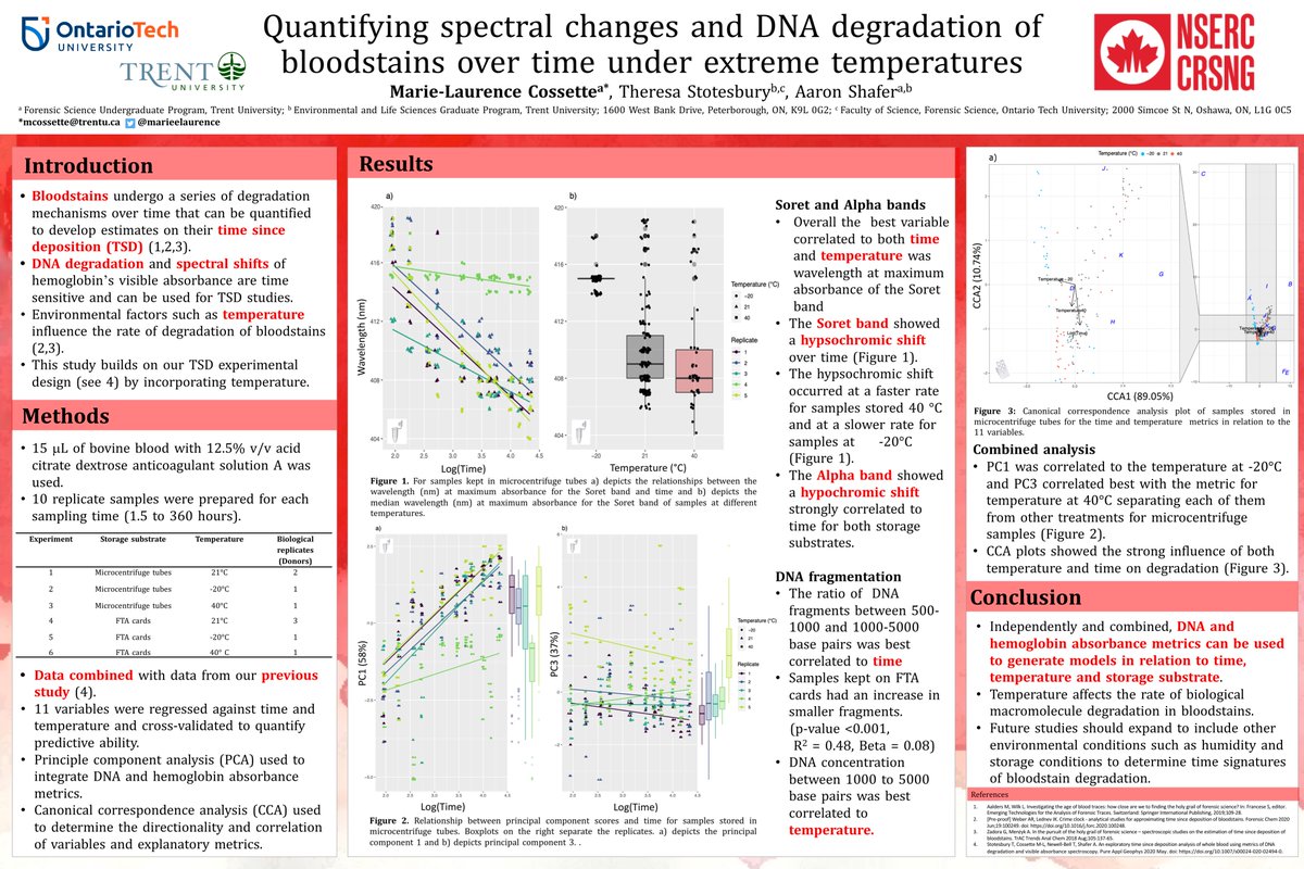 marieelaurence's tweet image. Excited to present my poster for #CSFSPoster2020 on the quantification of spectral changes and DNA degradation of
bloodstains over time under extreme temperatures  @theresastotes @TrentUniversity @ontariotech_u @NSERC_CRSNG