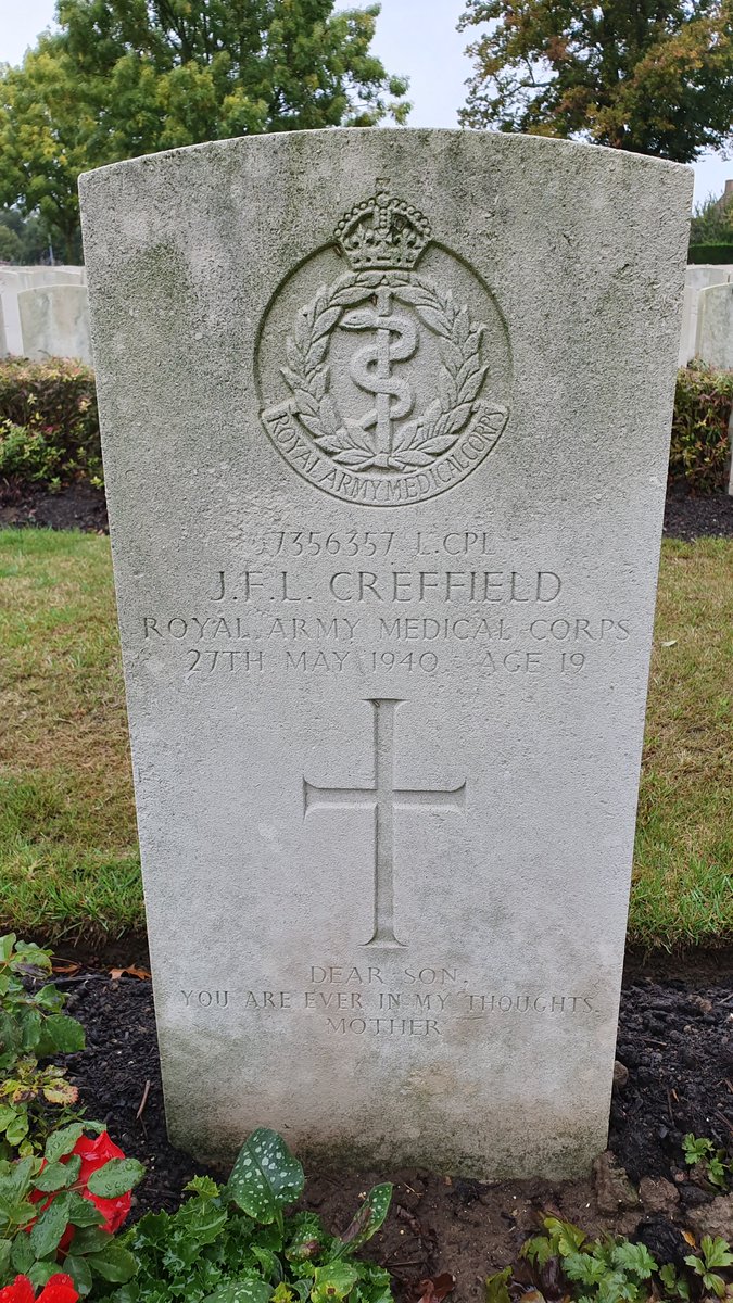 "The only casualty being the man from Redhill who was killed by the blast while running to the trenches. I buried him in the afternoon at the corner of a wood". L/Cpl John Forest Lewis Creffield was just 19 & today he lies in Bailleul Communal Cemetery Extension...9.