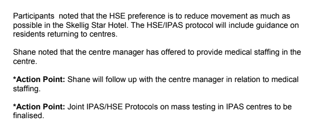 April 27 (cont'd): The HSE want to "reduce movement as much as possible in the Skellig Star Hotel". Medical staffing can also be provided if needed:
