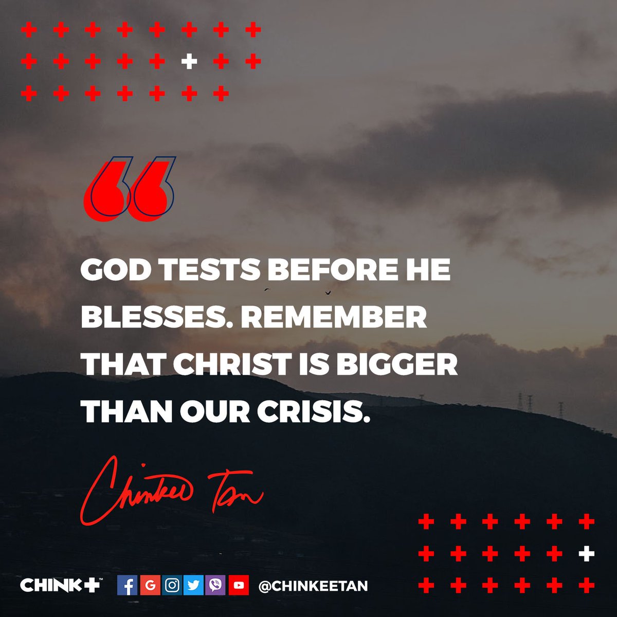 chinkeetan's tweet photo. CHINKspiration of the Day:
"God tests before He blesses.
Remember that Christ is
bigger than our crisis."
#iponaryos #moneytips #financialliteracy #chinkeetan #chinkpositive #financialgoals #NewNormal #WFH #yamantips #iponpamore https://t.co/sMSBmKlz6X