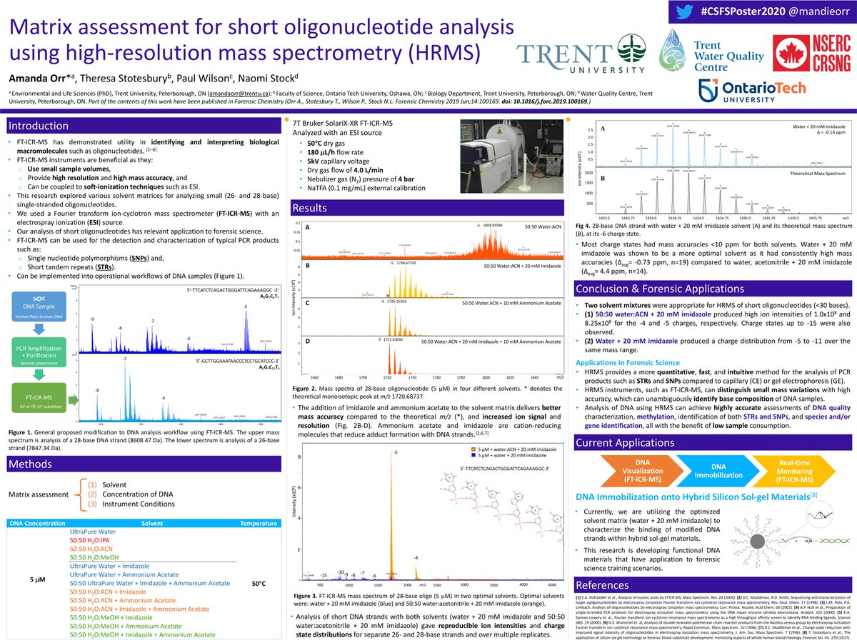 mandieorr's tweet image. My #CSFSPoster2020 poster submission titled, “Matrix assessment for short oligonucleotide analysis using high-resolution mass spectrometry (HRMS)” is presented on behalf of myself and co-authors @theresastotes @clycaon @docNStock (1/3)