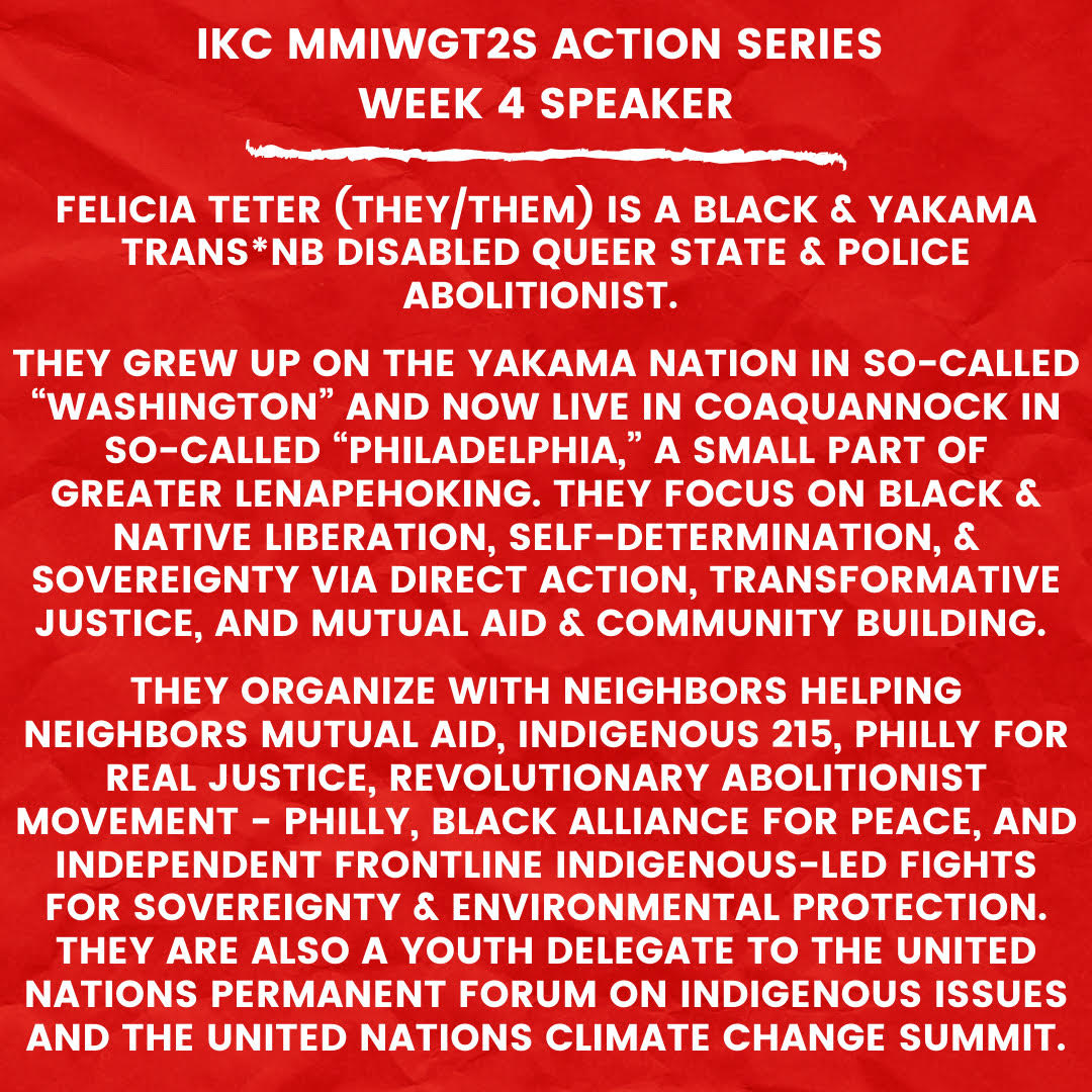 TONIGHT: We are honored to announce this Wednesday’s guest speaker Felicia Teter! Please join us via Zoom this Wednesday (5/27) at 7PM EST for the final event in our May Action Series on #MMIWGT2S. Link in bio.