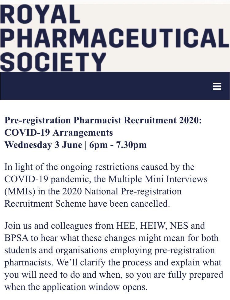 I urge all MPharm students applying for pre-registration places via #Oriel to sign up to this <a href="/rpharms/">Fred Smith</a> event. The changes to this year’s process will be discussed by experts in the area. A real not-to-be-missed event. 

Wednesday 3rd June 6pm - 7.30pm

 events.rpharms.com/ereg/newreg.ph…