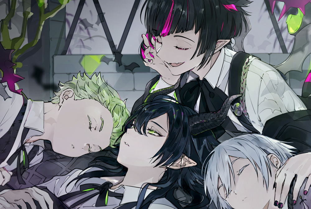 multiple boys horns pink hair black hair pointy ears male focus green hair  illustration images