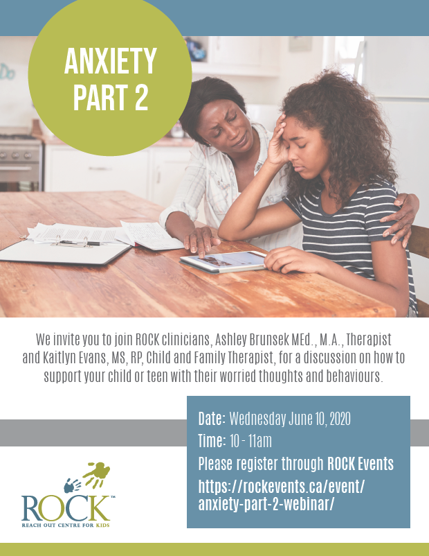 On June 10, ROCK Clinicians continue the conversation with Anxiety Part 2: How to support your child or teen with their worried thoughts and behaviours. For more information and to register, please visit rockevents.ca/event/anxiety-…