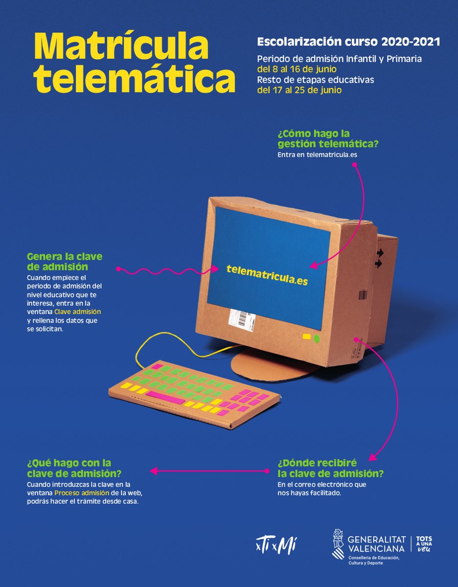 💻 Des del portal web telematricula.es amb la identificació mitjançant el DNI o NIE.

📲 Automàticament s’enviarà la clau d’accés al correu electrònic que hages facilitat.

➡️ Calendari admissió: ow.ly/NTtP30qK2aP 
ℹ️ Més informació: ow.ly/Jlmo30qK29E