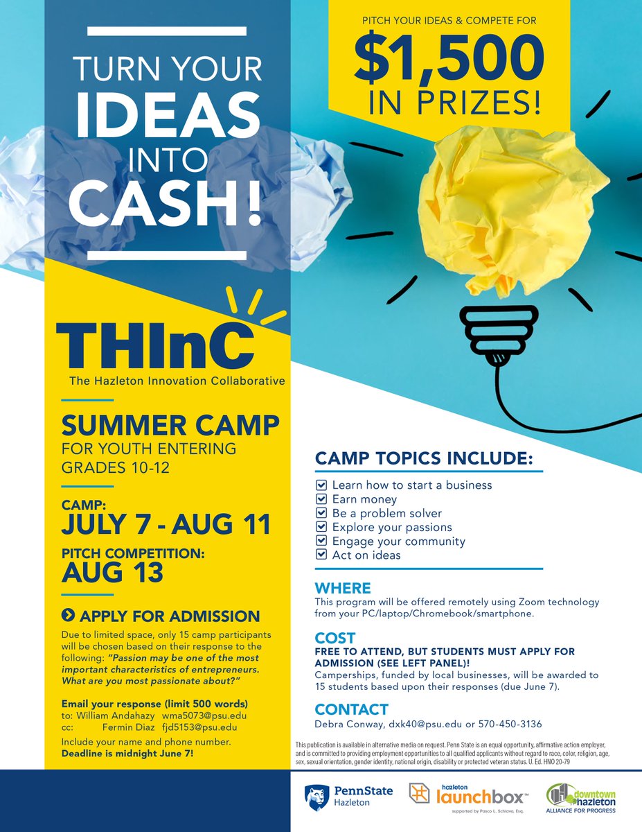 Penn State Hazleton (@psuhazleton) on Twitter photo Got a bright idea, Hazleton Area students? Turn it into cash while learning what it takes to start your own business & much more. Apply today! <a href="/HazletonAreaSC/">HAHS Student Council</a> <a href="/HazletonSpirit/">Cougar Crazies</a> Got a bright idea, Hazleton Area students? Turn it into cash while learning what it takes to start your own business & much more. Apply today! <a href="/HazletonAreaSC/">HAHS Student Council</a> <a href="/HazletonSpirit/">Cougar Crazies</a>